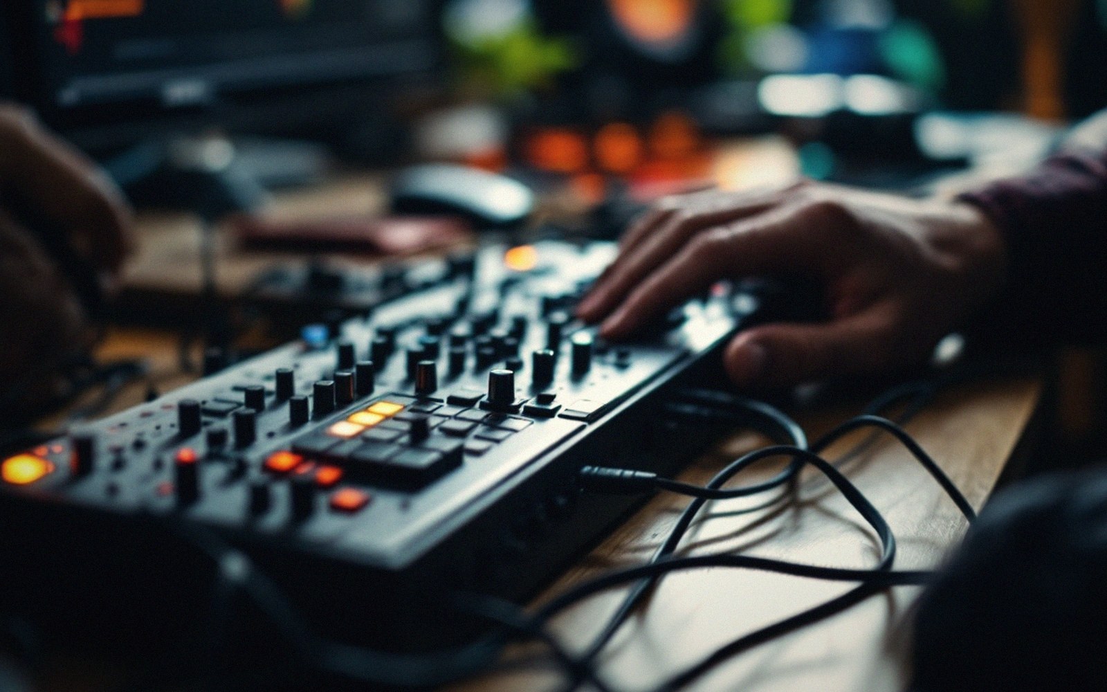 Hands adjusting knobs and buttons on a music production controller with tangled cables