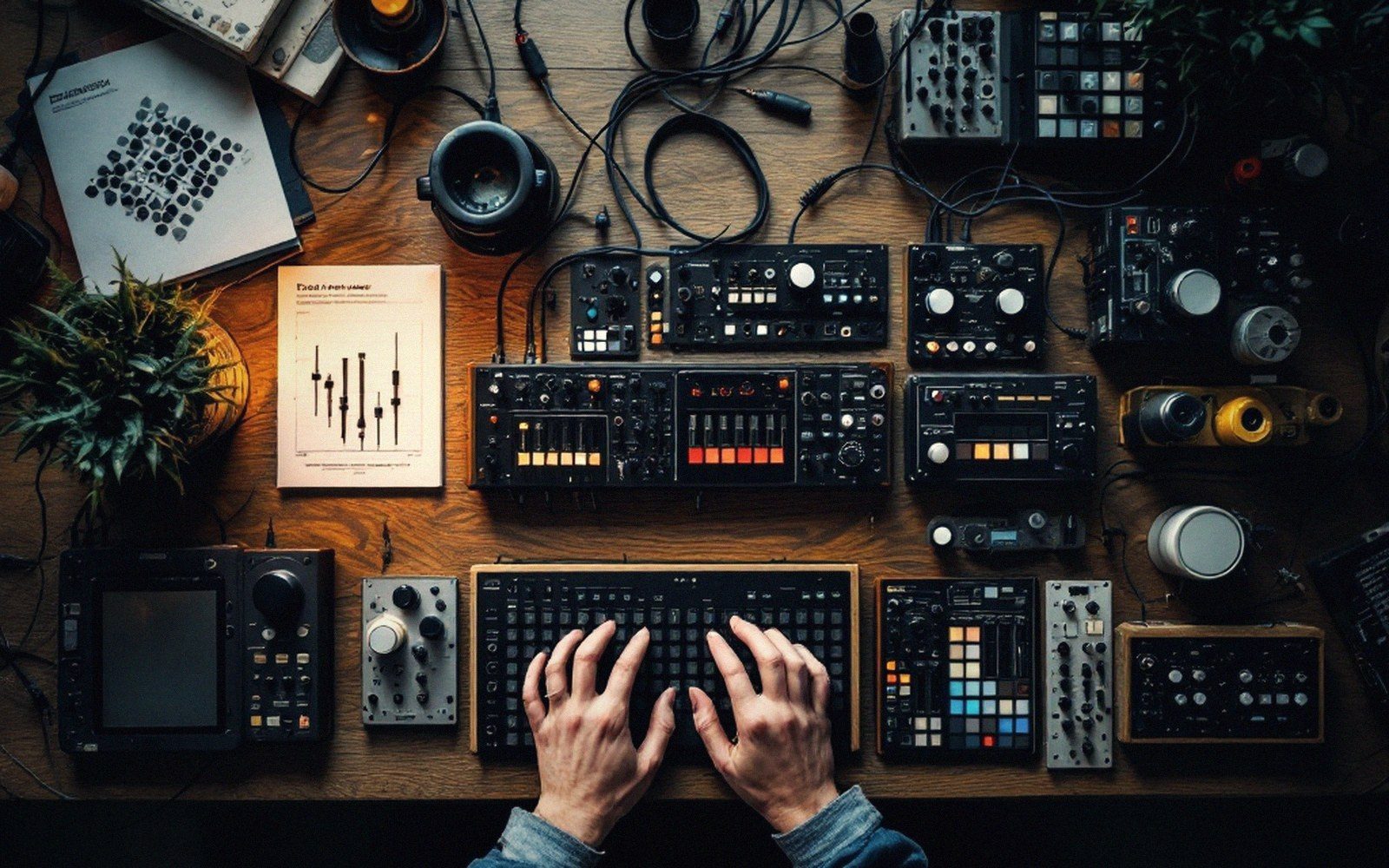 Overhead view of hands playing a keyboard synth amid a desk cluttered with music gear