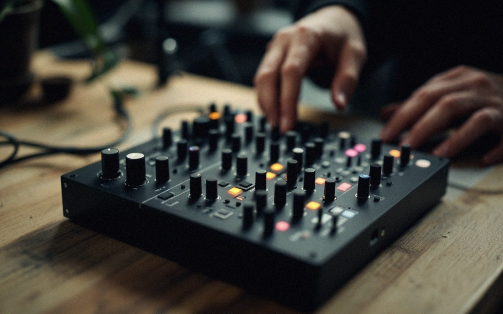 Hands adjusting knobs on a black synthesizer mixer with illuminated buttons on a wooden desk