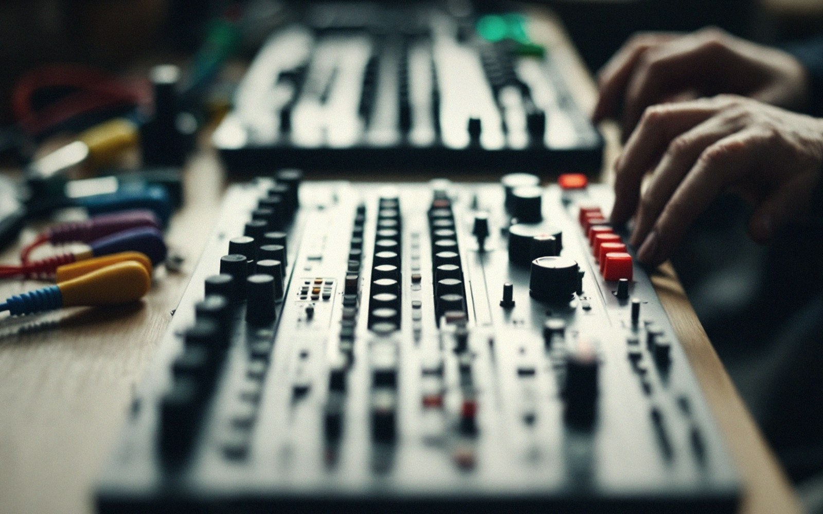 Hands adjusting knobs and red buttons on a synthesizer with patch cables nearby